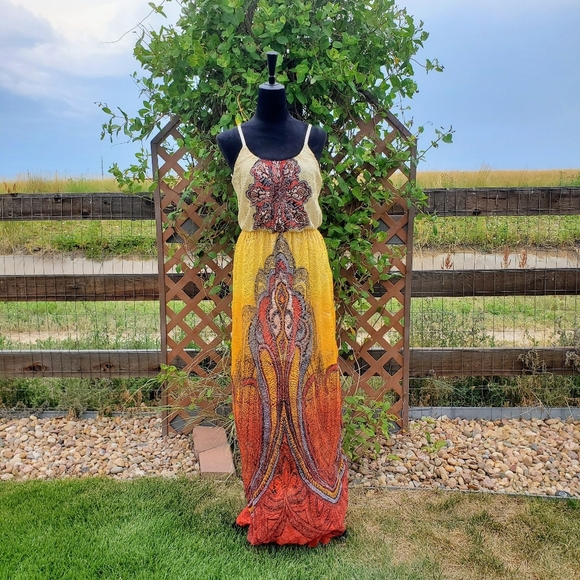 Stilettos Ombre Orange & Yellow Patterned Maxi Lace Women's Dress Size Large EUC - Picture 7 of 14